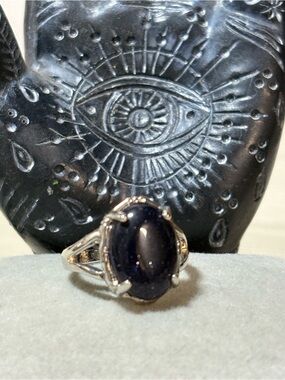 Silver Ring with Dark Blue Goldstone Oval Cabochon - Women's Fashion Ring